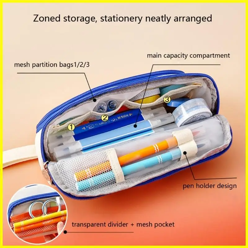 Large Capacity Polyester Pencil Case Multiple Sections Pen Pouches with Fastener For Student Children School