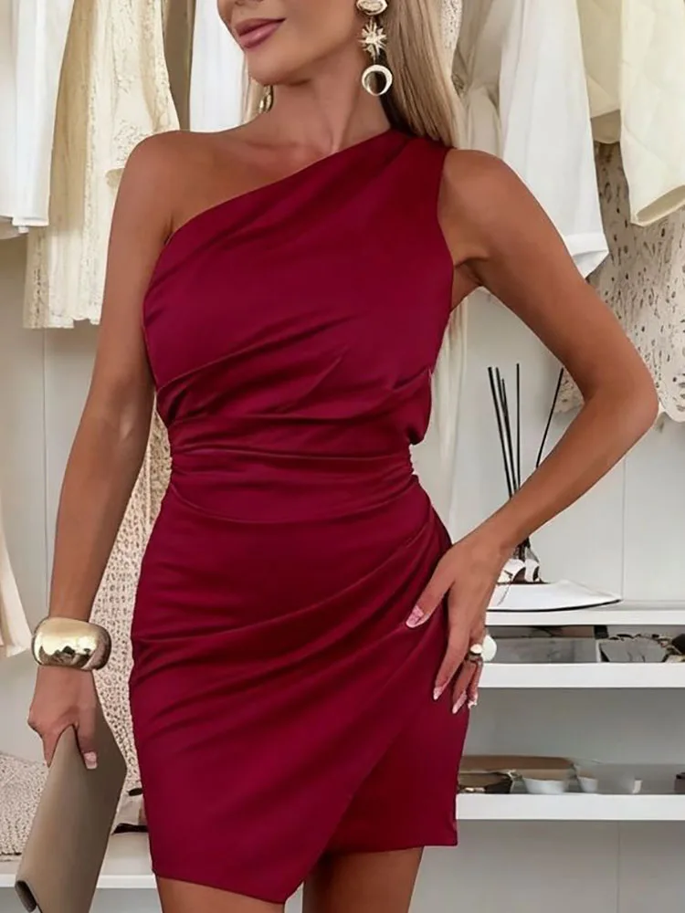 Moda fora do ombro sem mangas recorte vestido de festa feminino elegante cor sólida drapeado vestido assimétrico sexy fino ajuste mini vestido