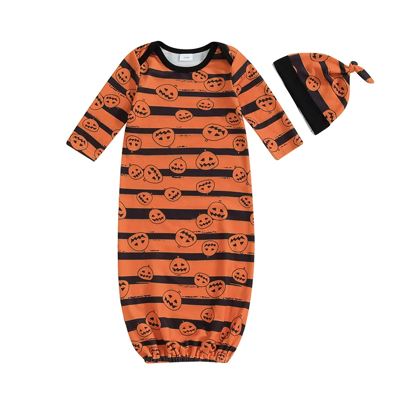 Toddler Long Sleeve Sleeping Sack Halloween Striped Pumpkin Print Baby Wearable Blanket and Beanies Hat Set