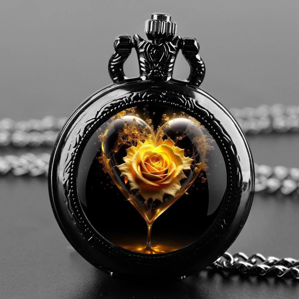 

Yellow Rose Design Glass Dome Quartz Pocket Watch With Durable Chain Arabic Numeral Dial For Men And Women Creative Gifts