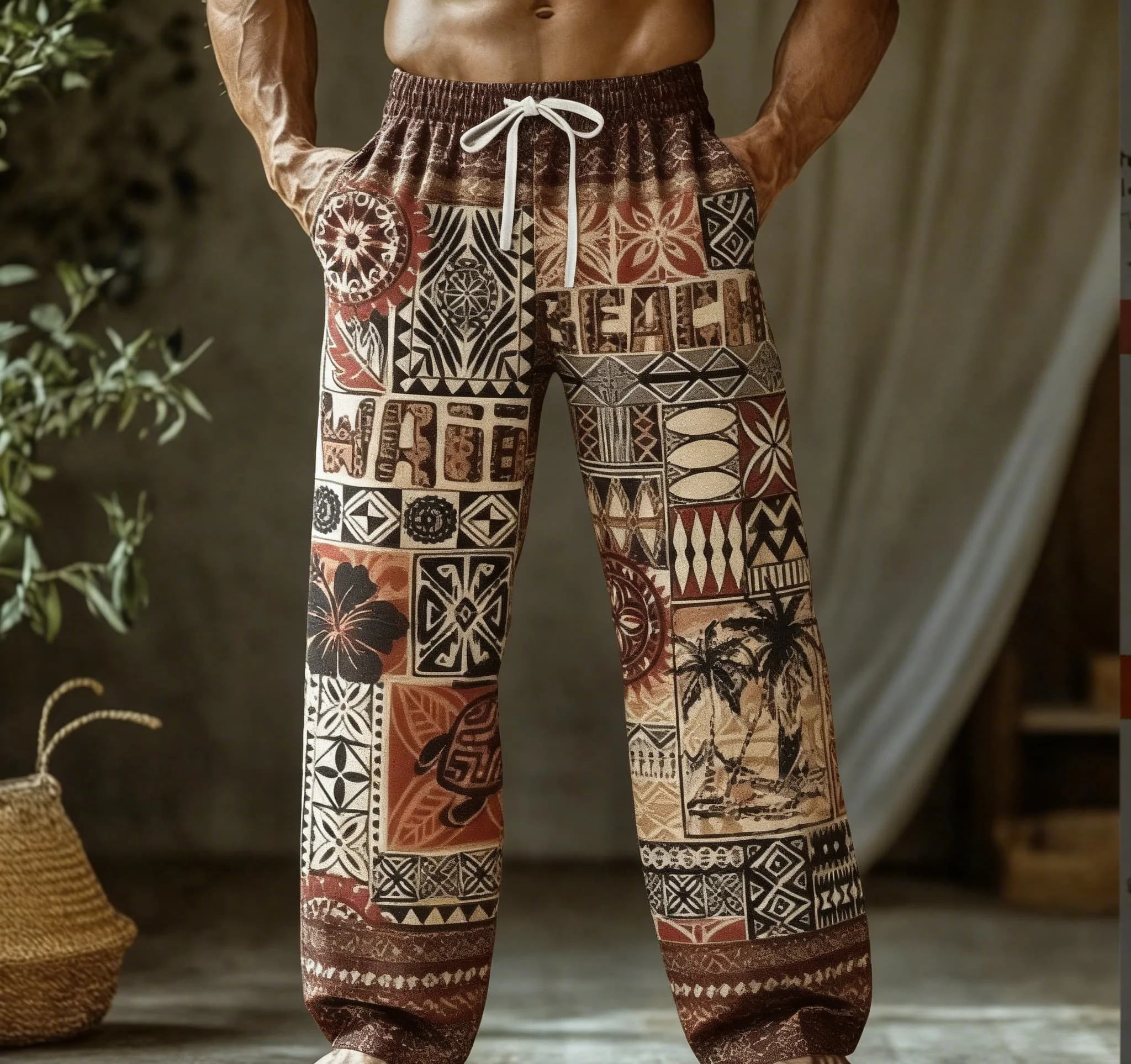 

Мужские летние тонкие быстросохнущие гавайские пляжные брюки с этническим узором и художественным принтом в стиле ретро