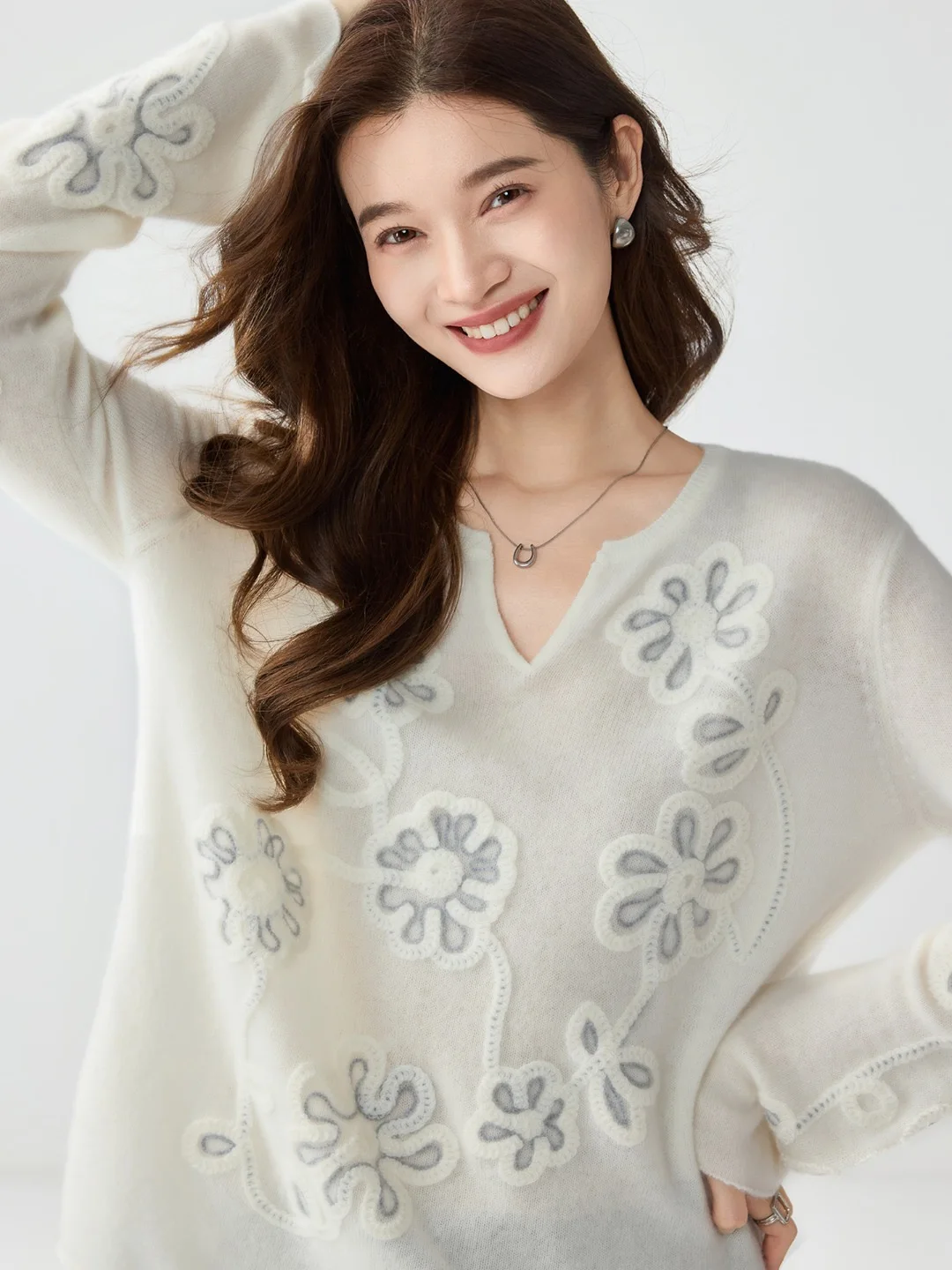 100% cashmere women's sweater casual solid color knitted pullover round V-neck Tops embroidery Blouse thick warm Jumper