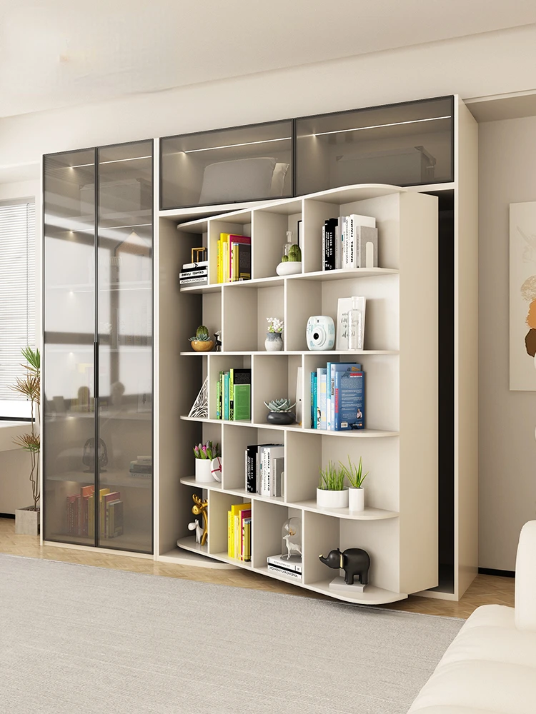 Cream Style Entertainment Room Integrated Solid Wood Desk Cabinet Storage Multifunctional Rotating Invisible Bed Wall