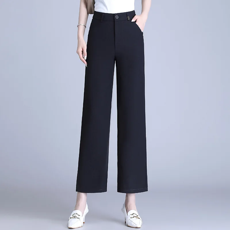 سروال بدلة سوداء للنساء، سروال خريفي عالي الخصر للتخسيس فضفاض متعدد الاستخدامات ثنيات تسع نقاط صغير مستقيم الساق