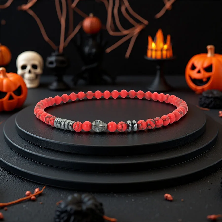 Gothic Einzigartiges Schädel Perlen Armband 4mm Lava Stein Weiß Howlith Hämatit Männer Heilung Hiphop Armband Stretch Armband Homme