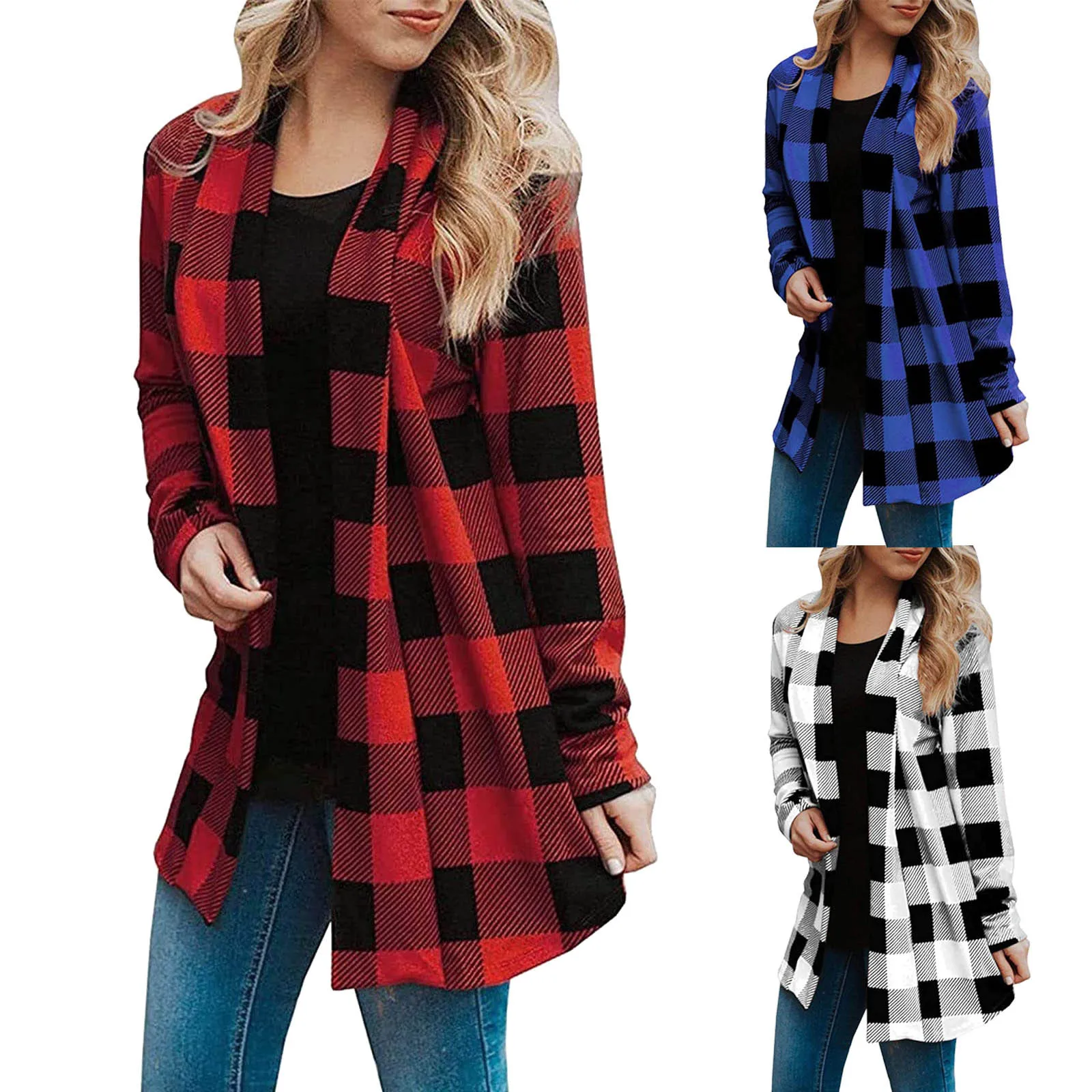 2024 Autumn Thin Coats For Women Vintage Plaid Print Warm Fuzzy Fleece Long Jacket Overcoat Cardigan Jackets Manteau Femme