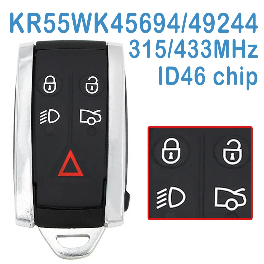 

KR55WK45694/KR55WK49244 Auto Smart Remote FSK 315/433MHz 4+1B ID46 Chip Replace Car Key Fob For Jaguar XK XKR XF XFR XJ8 XK8