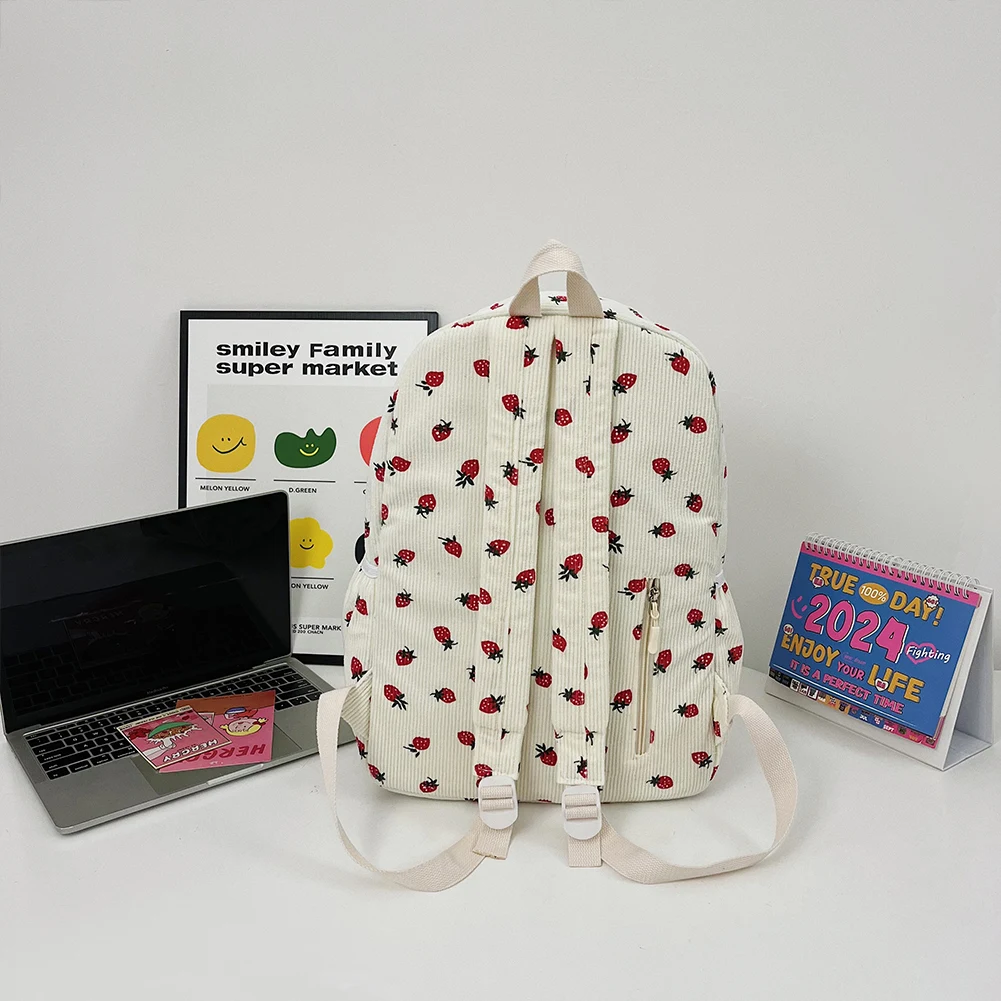 

Corduroy Strawberry Backpack Stylish Laptop Backpack Multi-pockets Trendy Book Bag Adjustable Strap for Outdoor Travel