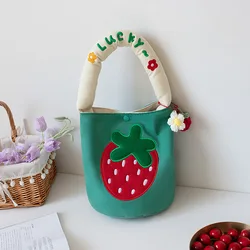 Cute Canvas Bucket Bag for Women 2023 Girls Summer Embroidery Strawberry Handbag Lady Fashion Letter Top Handle Bag with Pendant