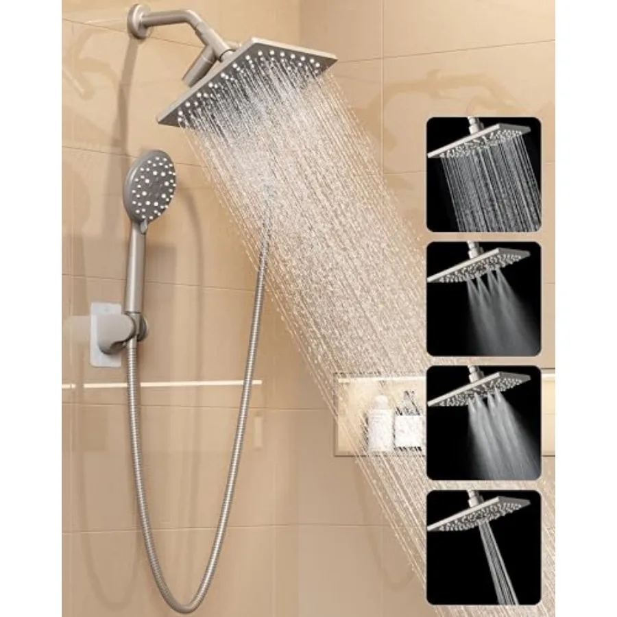 

High Pressure Rain Shower Head with Multi-Functions, Square Rainfall Shower Heads with 5-Mode Handheld Spray Combo, Detachable