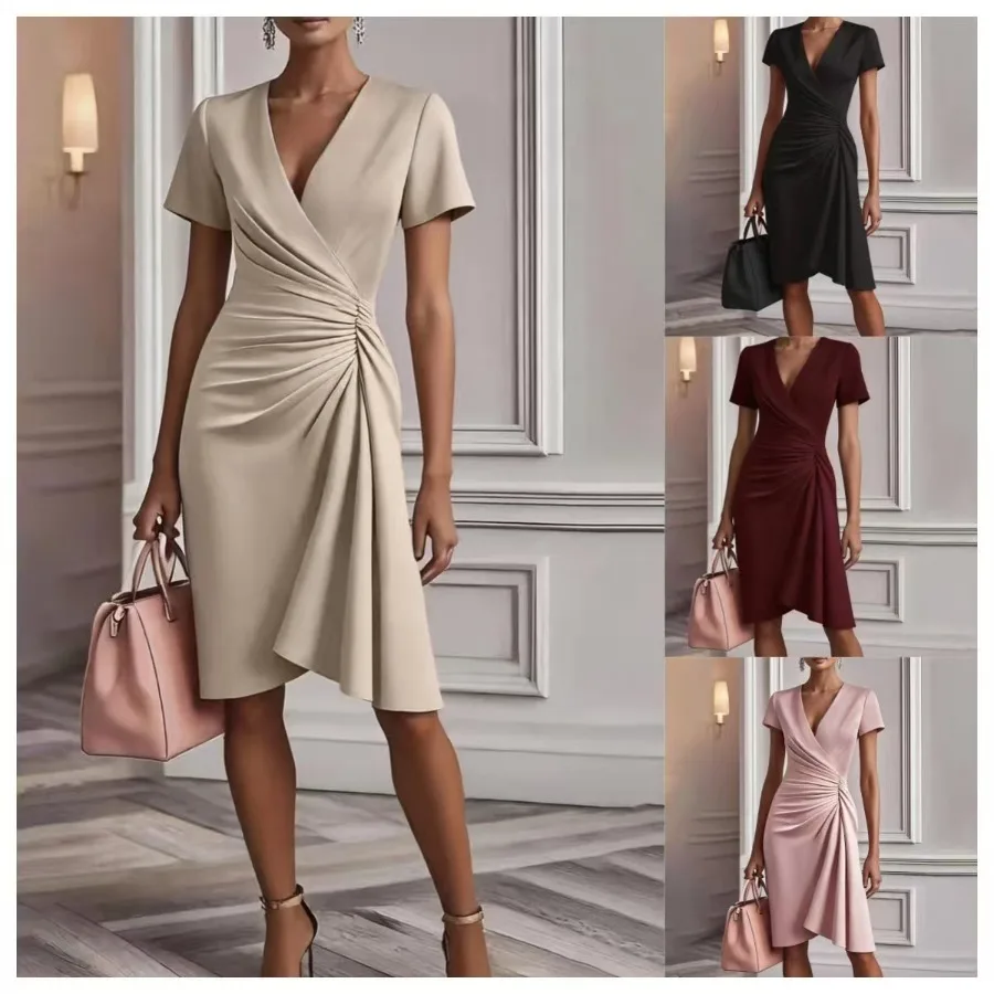 

【New style】2026 new sexy slim slimming solid color bag hip skirt long-sleeved V-pleated design dress for women