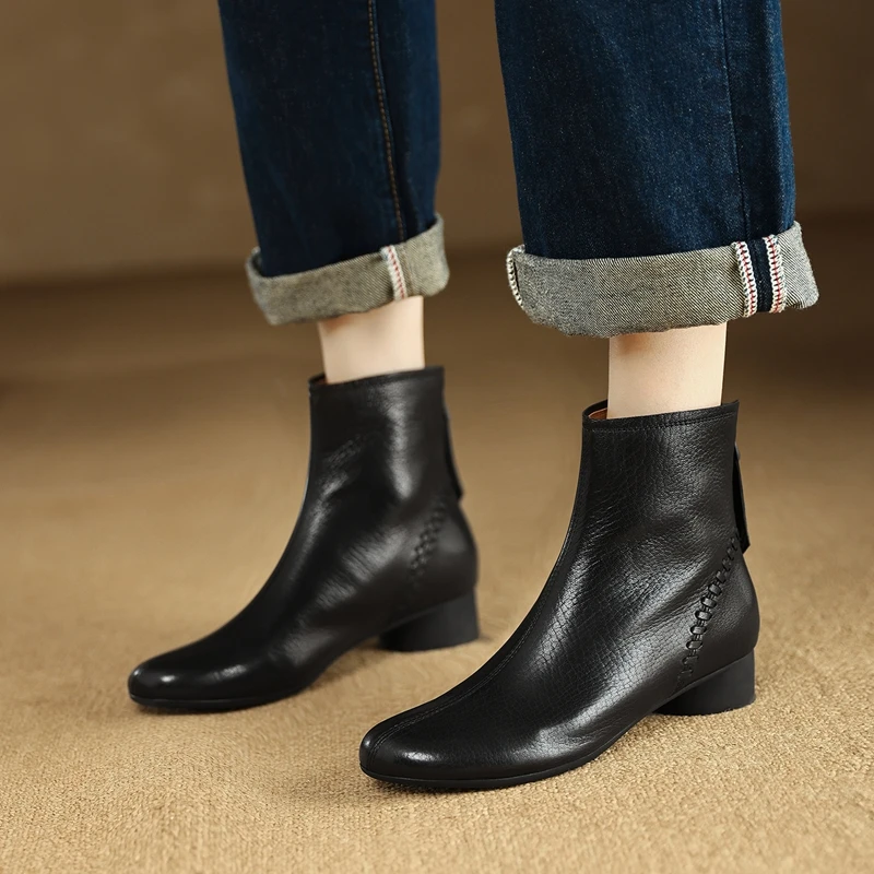

2025 Ankle Boots for Women Genuine Leather Zip Autumn Winter Fashion Black Round Toe Lady Short Shoes Woman Female Chelsea Boots