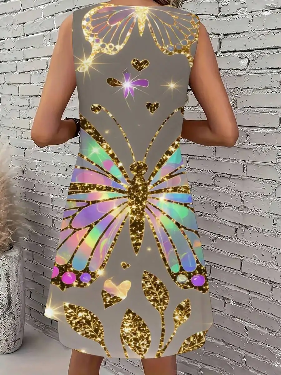 

Womens Sleeveless Butterfly Print Dress Round Neck Casual Summer Lightweight Daily Wear