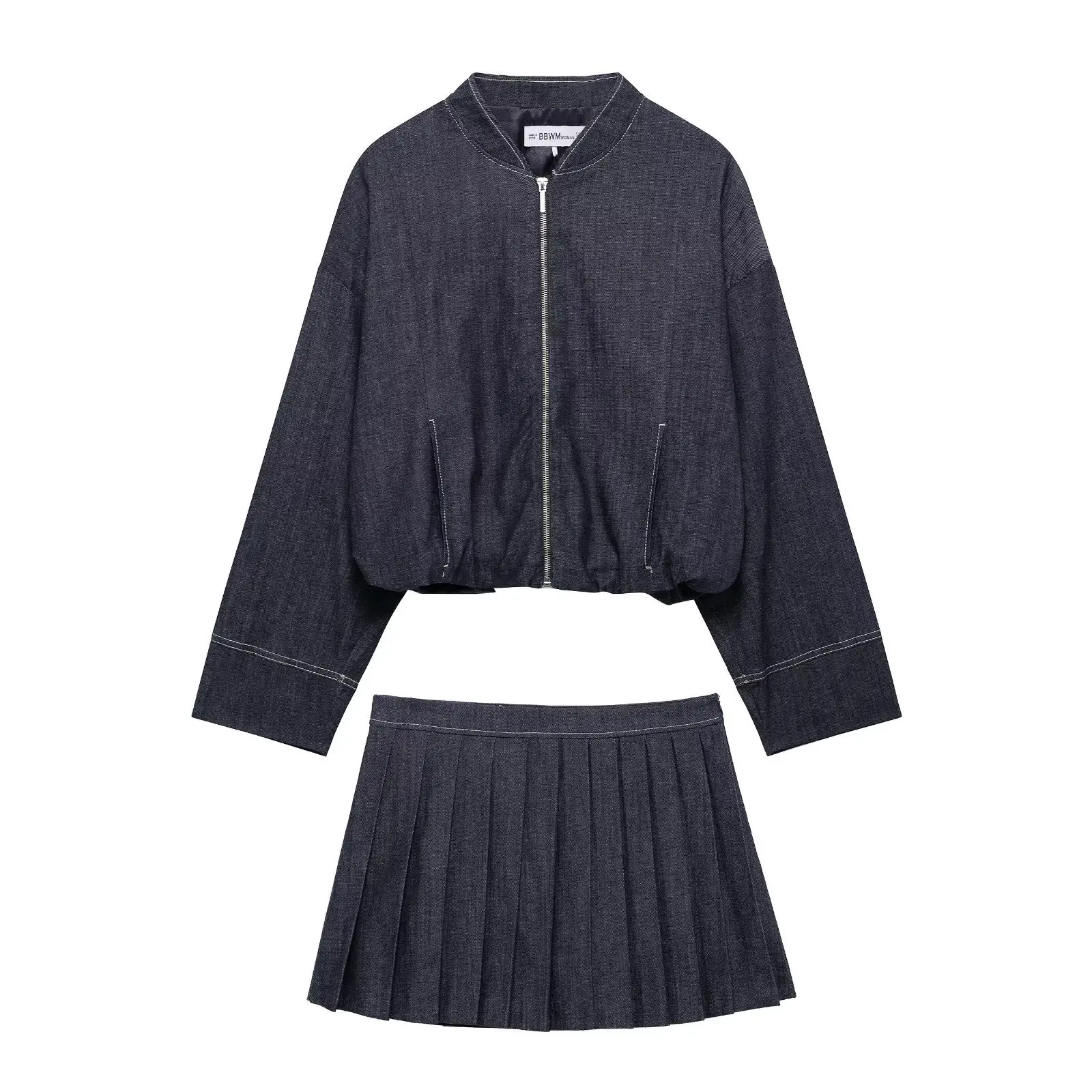 

2025 Fashion Autumn Stand Collar Long Sleeve Denim Bomber Jacket + Mini Skirt Pants 2-Piece Set