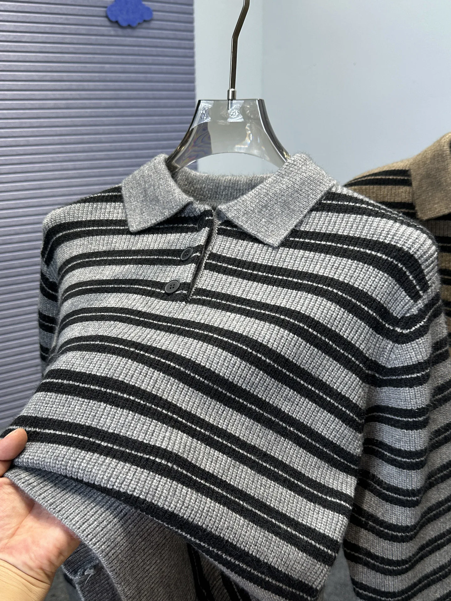 

Thiened Collar Knitted Sweater Men's Faion Striped Turn-down Collar Autumn Winter M Model Casual Sle Long Sve