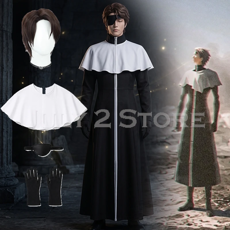Disfraz de Aizen Sousuke, peluca, capa, ropa de Anime Manga, bata negra, disfraz de Halloween para hombres, conjunto completo, accesorios, parche para ojos