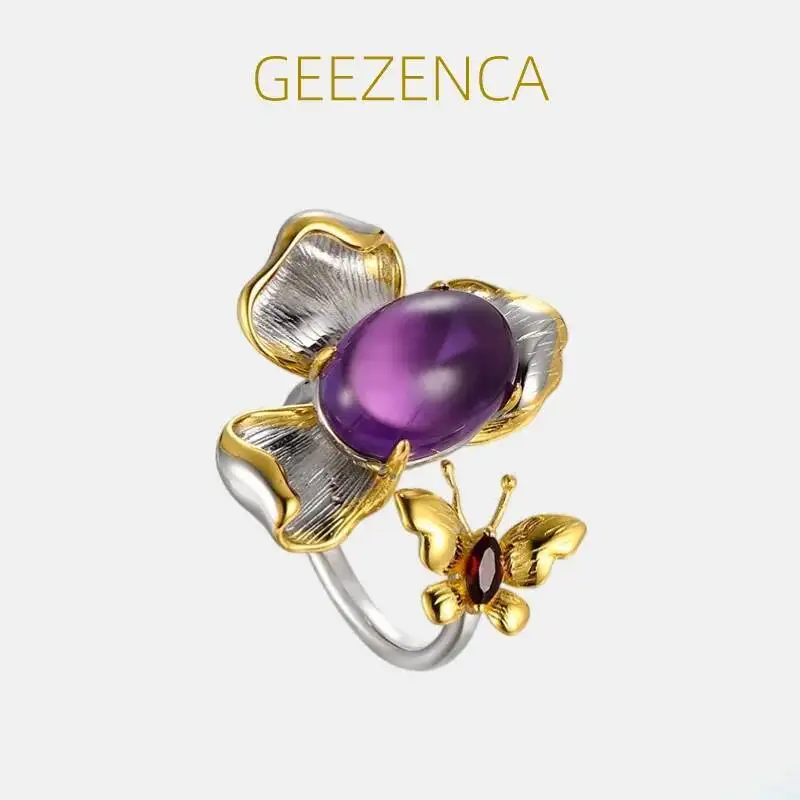 GEEZENCA Natural Amethyst 925 Silver Two Tone Flower Rings For Women Butterfly Luxury Hyperbole Wide Cocktail Ring 2023 New Gift