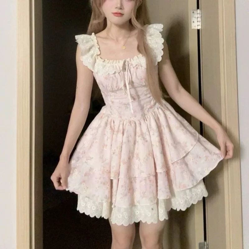 2025 nuevo verano dulce estampado Floral estilo francés manga acampanada cintura ceñida vestido delgado Lolita princesa vestido de baile mujeres Mini vestido