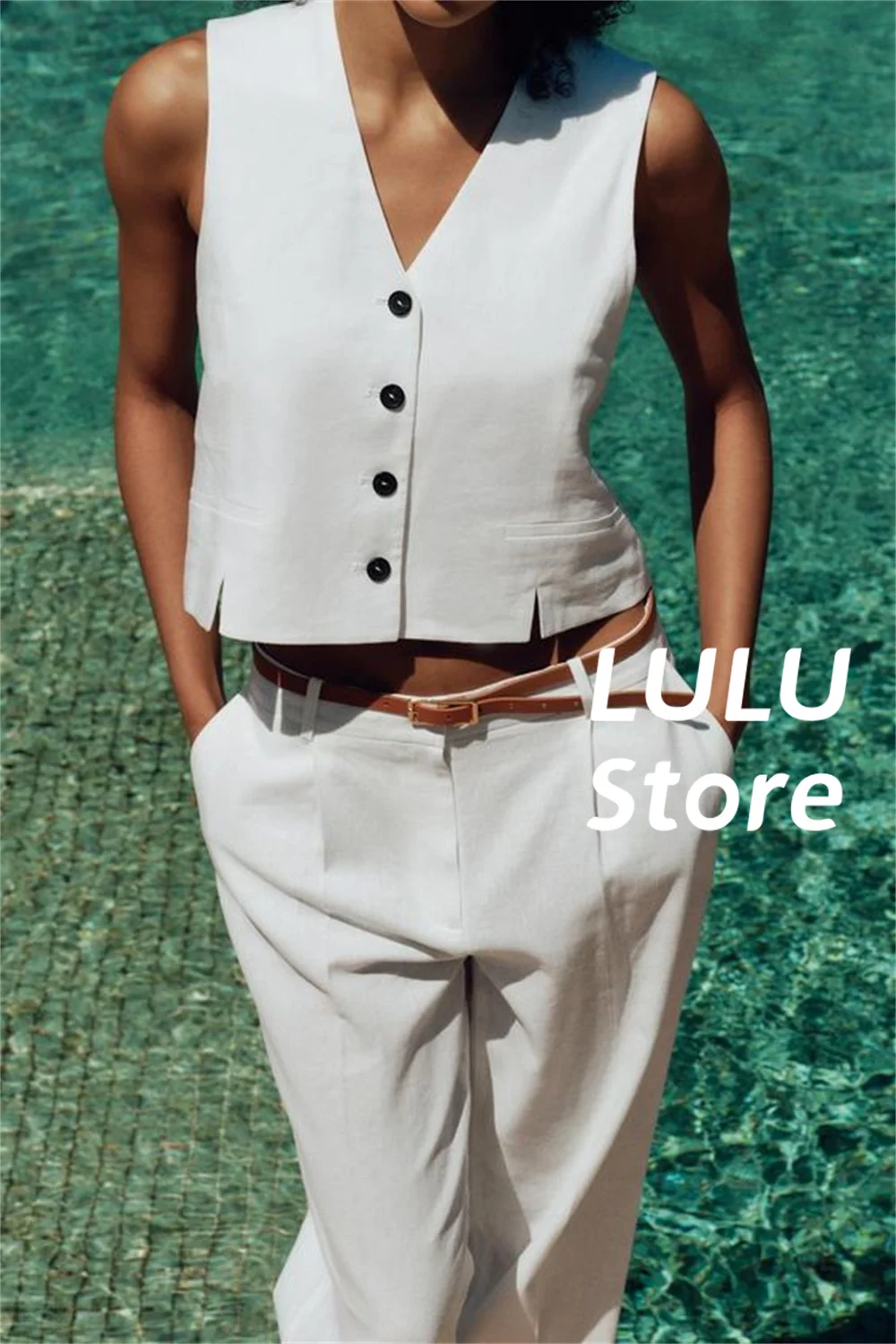 

Women 2 Piece Set Sleeveless V-Neck White Vest Fashion Casual Leisure Solid Clothing Women's Suit conjuntos femininos elegantes