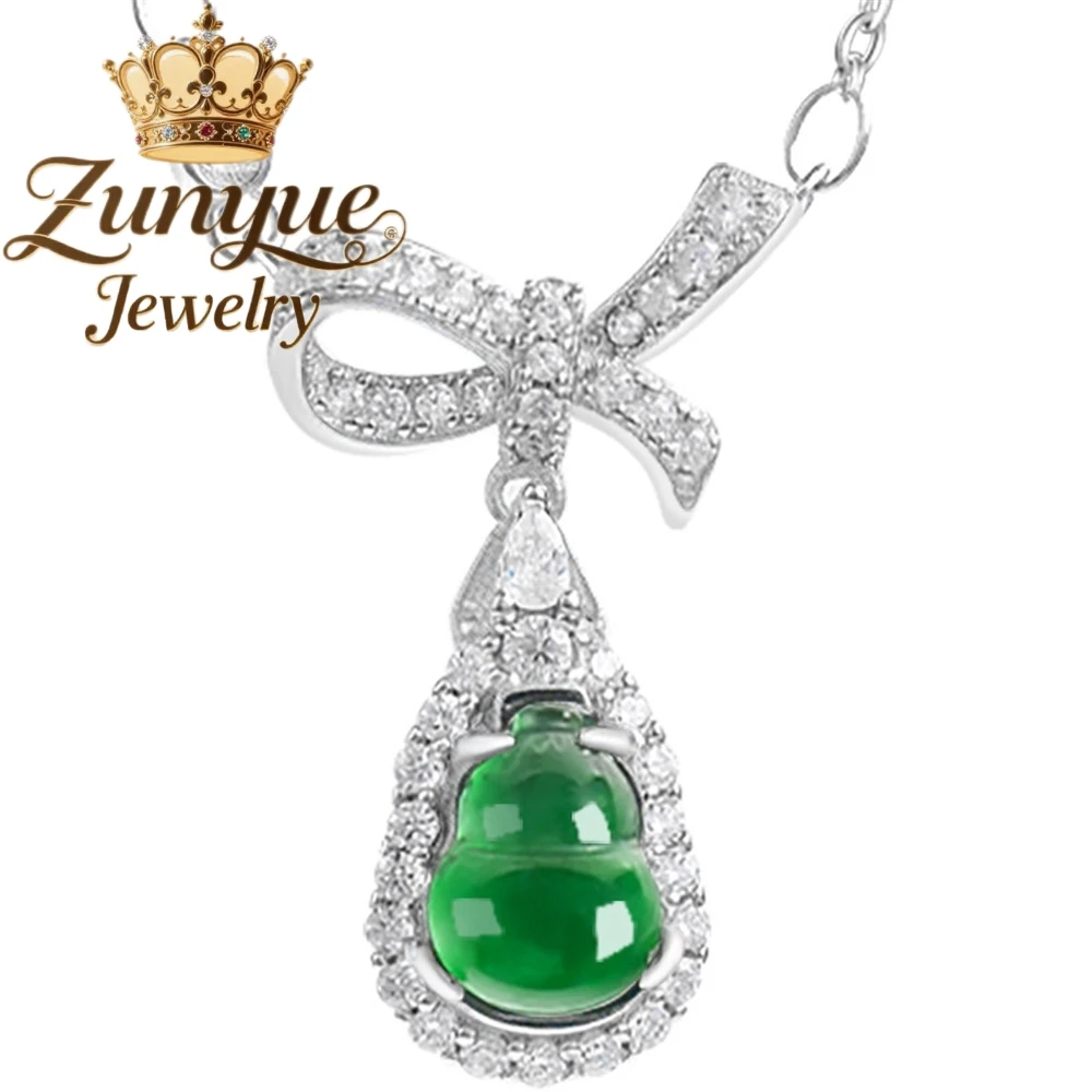 High-End Natural A-Grade Jade Green Gourd Pendant S925 Silver Inlaid Ice-Type Jade Women's Fashionable Pendant Set Chain