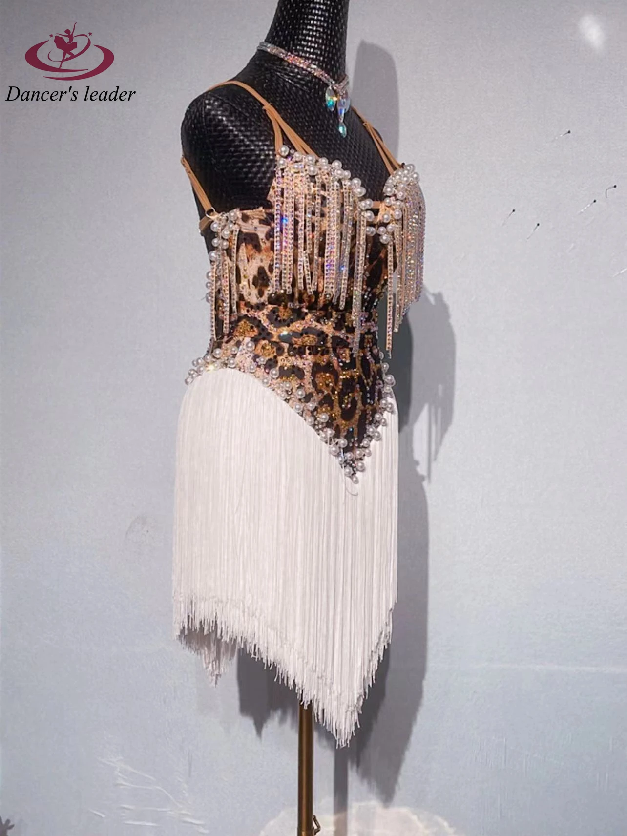 Latin Dance High-end Custom Leopard Print Suspender With Diamond Tassel Dress Cha Tango Female Adult Stage Professional Clothing