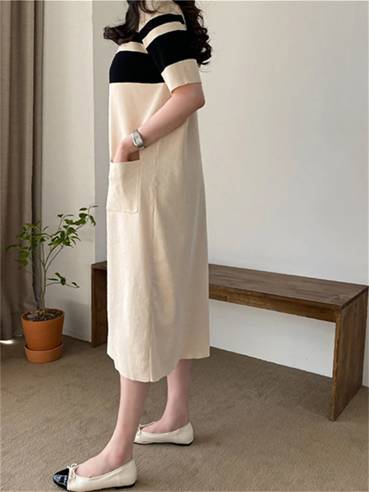 Korea Fashion Summer Woman Pullover Knitted Dress Korea New Ladies Womens Black Knit Dresses Casual Office Sweater Long Dress