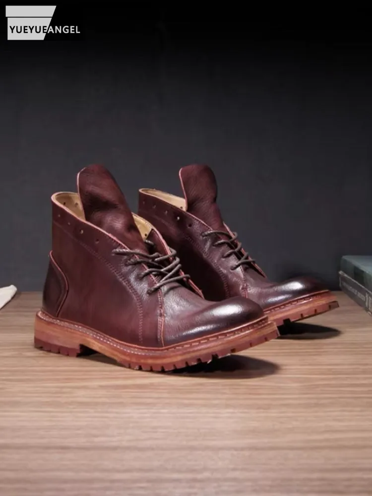 Men Women Comfortable Camel Hide Genuine Leather Round Toe Lace Up Motorcycle Biker Desert Boots Retro Designer Round Toe Shoes