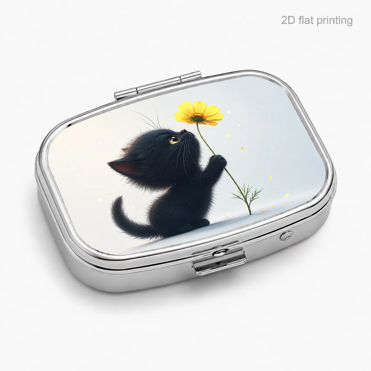 Black Cat Sniffing Flowers Silhouette Illustration, Portable Pill Box for Daily Travel, Moisture-Proof Small Pill Case, Multifunctional Storage Box for Vitamins and Supplements, Small Jewelry Organizer, Waterproof Pill Storage Box, Holiday Gifts, Souvenirs, Prizes, Small Gifts, Suitable for Personal Use or as an Exquisite Gift Choice