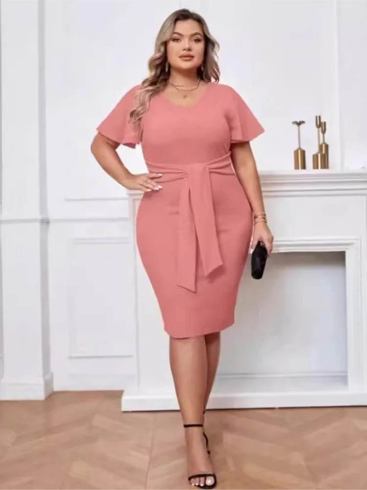 Plus Size Summer Midi Dress Women Pink Elegant Ruffle Pleated Short Sleeve Modis Ladies Dresses Slim Bodycon Woman V-Neck Dress