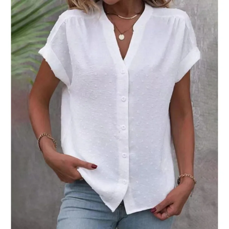 

2026 Summer New Amazon Independent Station European And American Solid Color Jacquard V-Neck Button Women's Shirt
