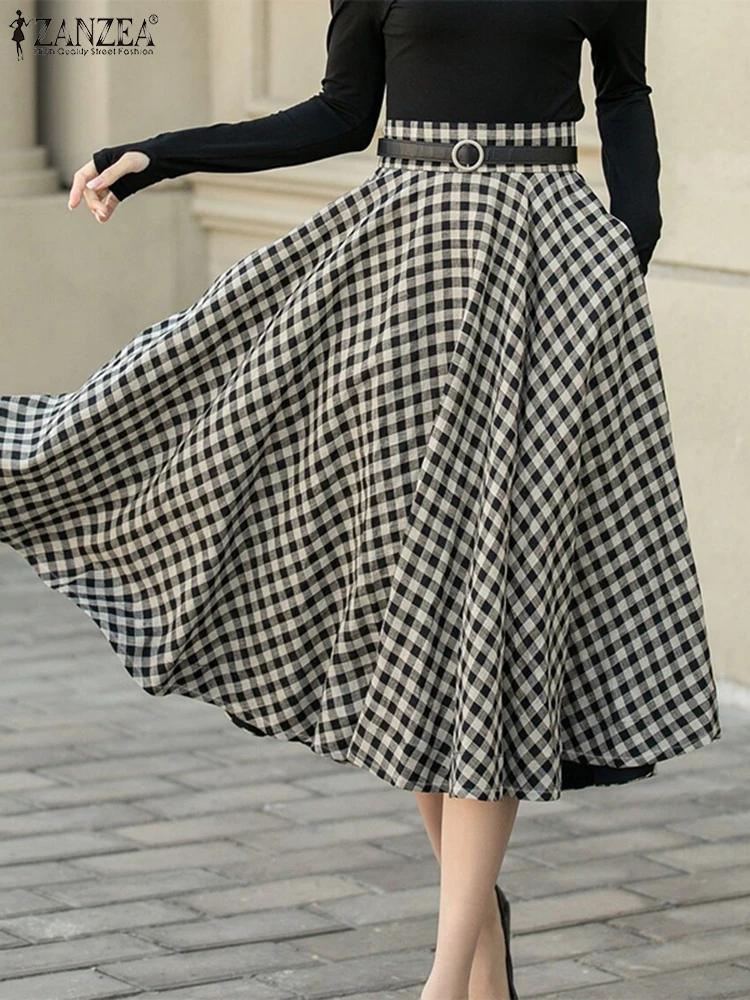 ZANZEA Vintage Office Lady Swing Overskirts Women High Waist Skirts 2024 Casual Plaid Printed Faldas Elegant Pocket A-line Jupes