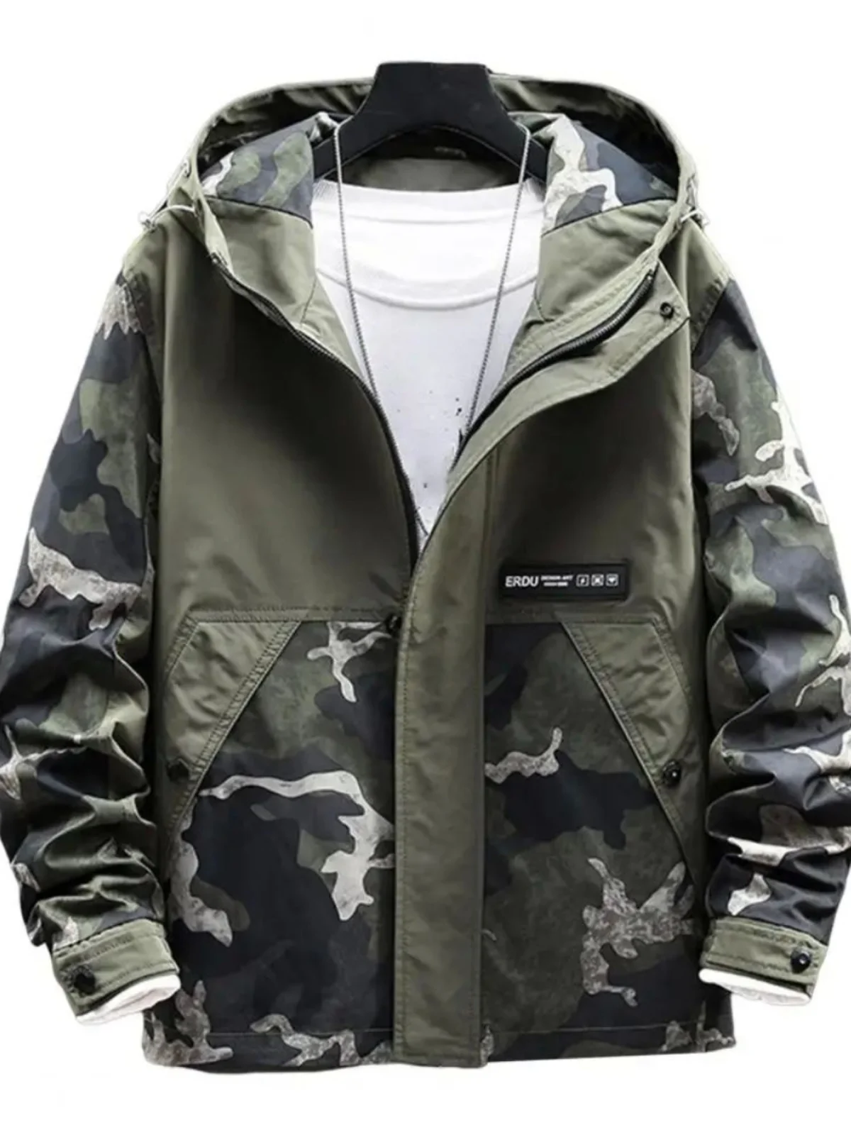 

Свободная камуфляжная куртка для молодежи, мужская современная длинная застежка-молния, уличная повседневная одежда, подставка, чистый цвет