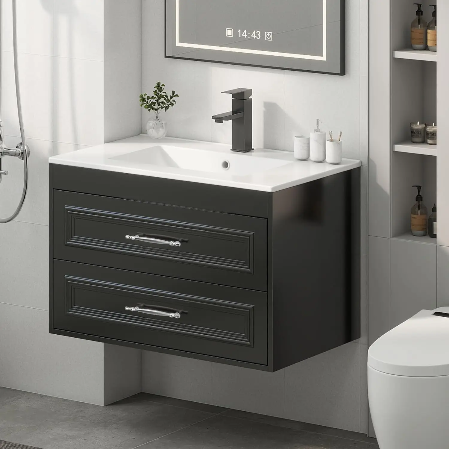 

30" Floating Bathroom Vanity with Sink Combo Wall Mounted Cabinet Soft Closing 2 Drawers Ceramic Faucet Drain Black Customized