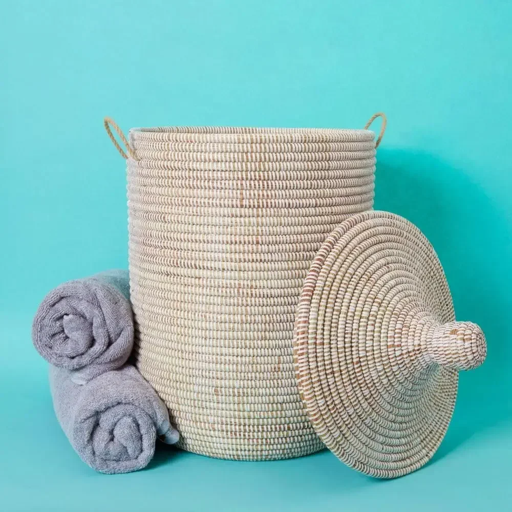 

Handwoven Basket With Lid For Towel Bathroom Bedroom Width 15 Inch Height 19 Inch Color White