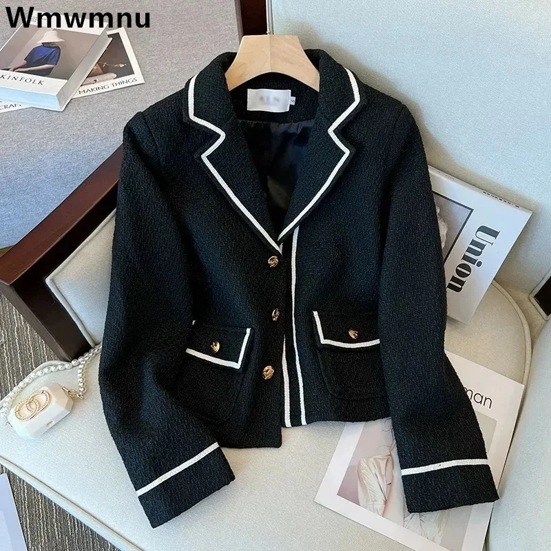 

Tweed Short Blazers Jacekts Women Korean Slim Single Breasted Coats Vintage Woolend Casual Chaquetas New Wool Blend Casaco