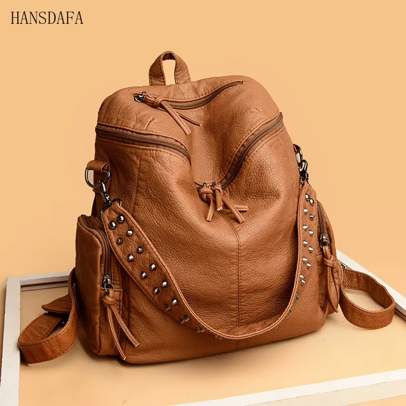 2023 Drop Ship Rivet Soft Leather Backpacks for Women Fashion Luxury Ladies Shoulder Bag Large Capacity School Bags Backpack