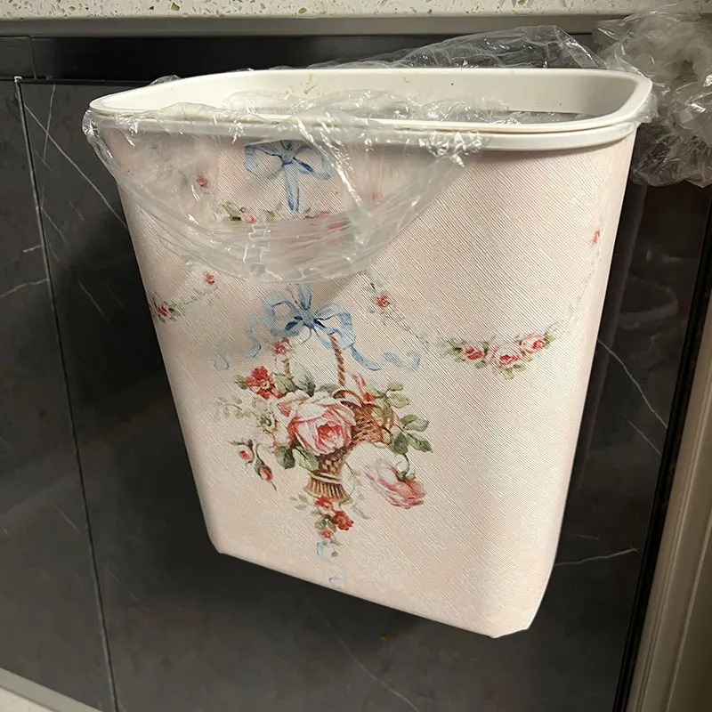Kitchen Small Trash Can Hang Type Waterproof Storage Barrel Home Garbage Storage Office Desktop Trash Bin Print Plastic Bucket