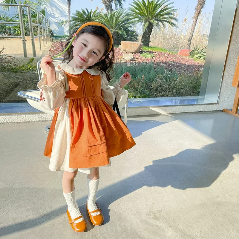 French Style Spring Autumn Girls Dresses Color Contrasting Two Pieces White Bottoming Shirts Brown Striped Causal Dress