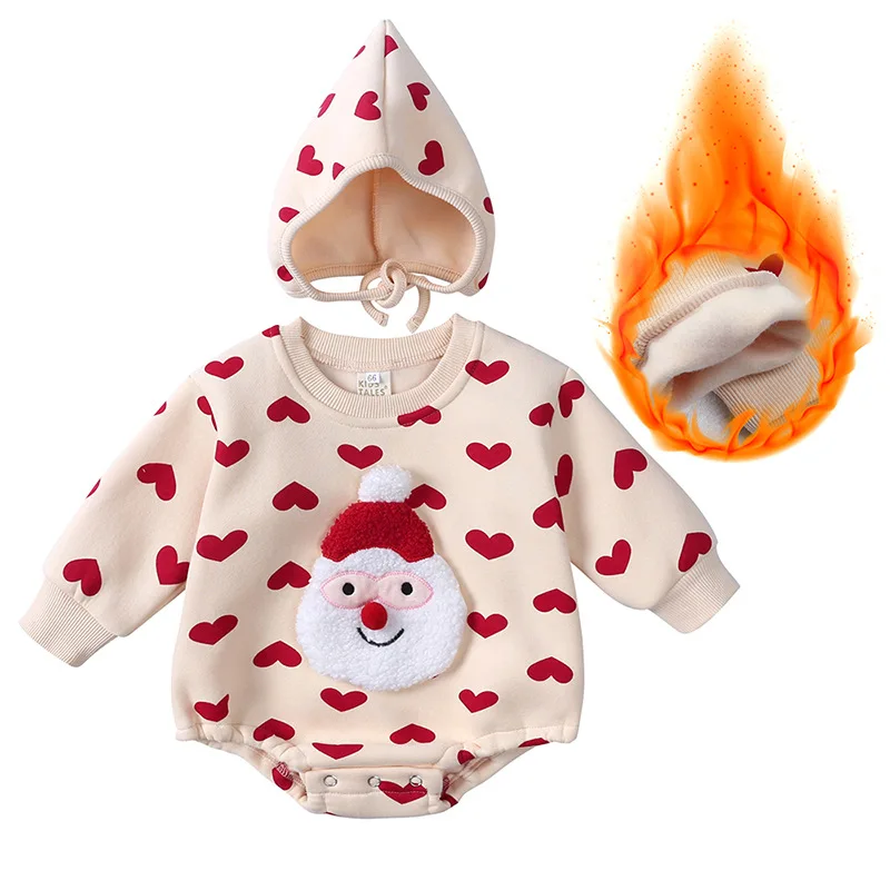 Body niemowlęce dla dziewczynki, świąteczne, jednoczęściowe, haftowane, z motywem Świętego Mikołaja, zimowe, ciepłe ubranka dla niemowląt i dzieci.