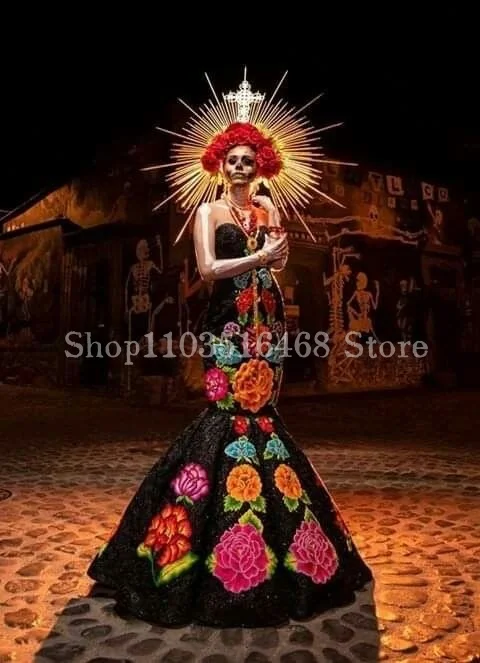 Vintage Mexican Prom Dress Luxurious Sheath Floral Embroidery Skinny Mermaid Formal Occasion Evening Gown Robes De Soirée