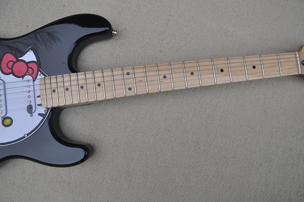 6 Strings Black Electric Guitar with White Pickguard,Maple Fretboard