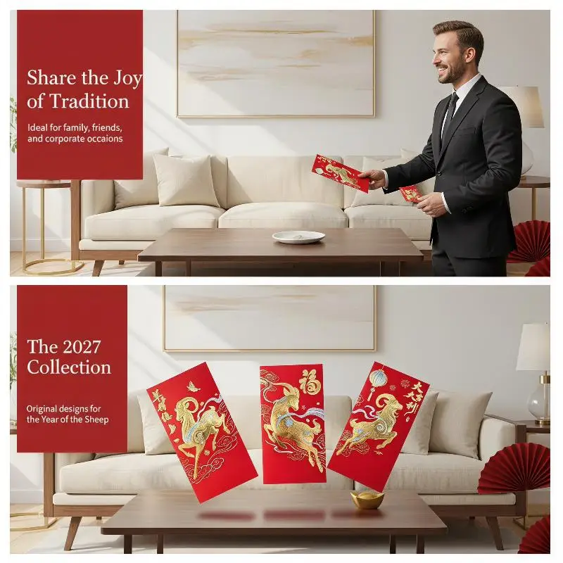 6Pcs 2027 Sheep Year Red Envelopes Traditional Blessing Lucky Pockets for Lunar New Year Spring Festival Home Decor