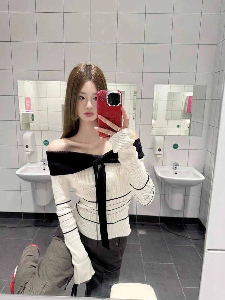 Knitted Sweater Women Contrast Color Striped Long Sleeve Slim Off Shoulder Pullover Female Vintage Casual Cropped Jumper