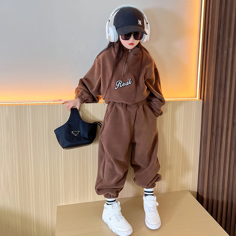 

Spring Autumn Girls 2 Pcs Set Toddler Pullover + Pants Kids Set For Teenage Children Clothes Polar Fleece Letter Patch 5-14Y