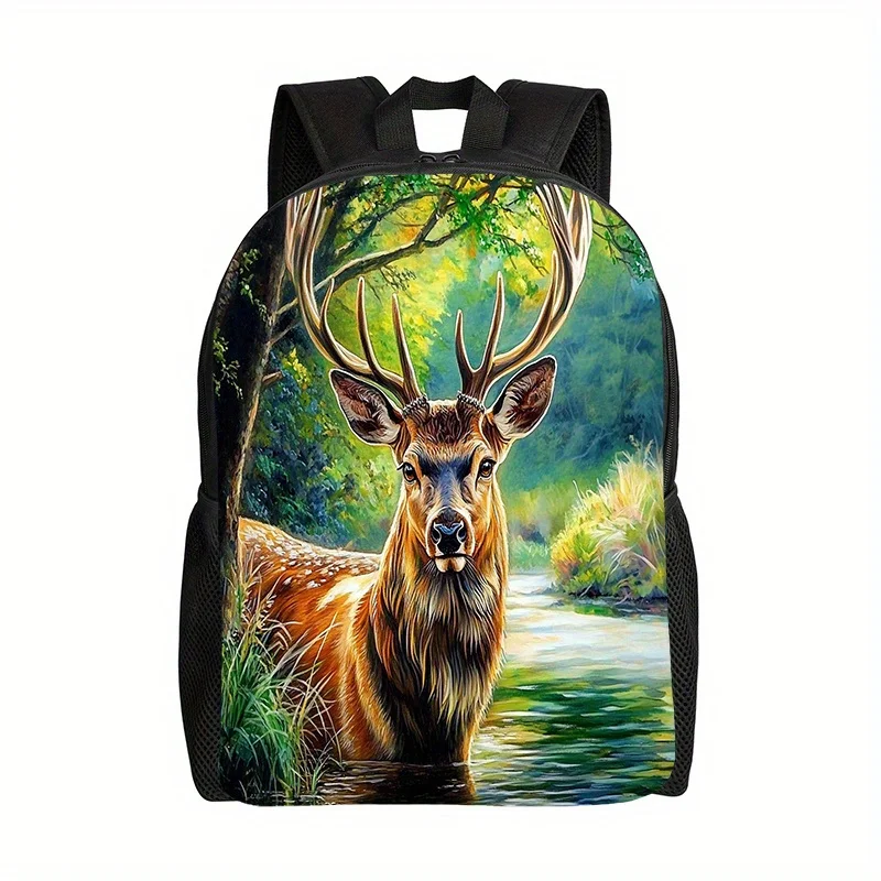 1pc Men's Women's Deer Forest Print Backpack Lightweight Durable Zipper Closure, Adjustable Shoulder Straps Golden-Toned