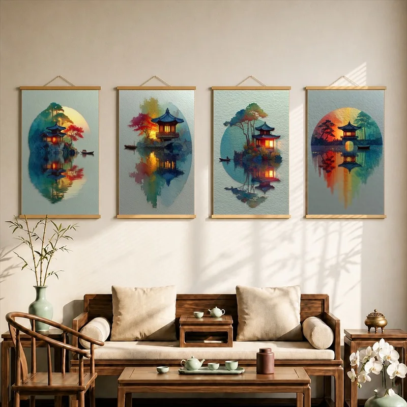 Wall Art Small Pavilion Beside Quiet Mountains, Zen Oriental Pearlescent Canvas Hanging Scroll with Wooden Rods for Tea House