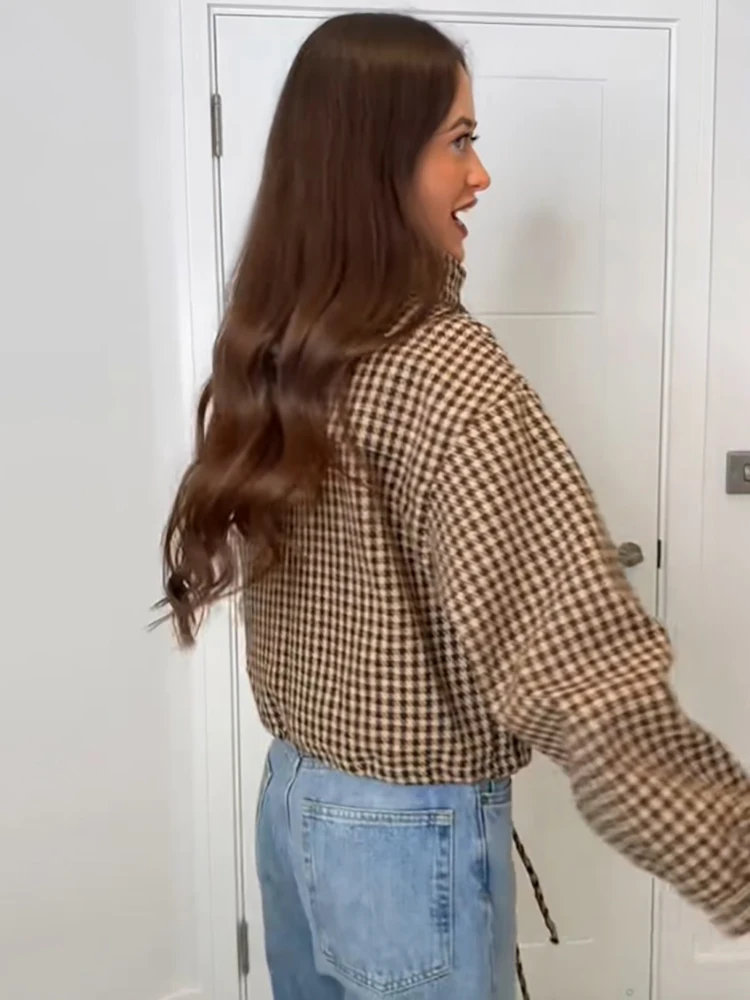 Retro-Karo-Stehkragen-Kurzjacke für Damen, lässig, langärmelig, mit durchgehendem Reißverschluss, Kordelzug, Taschen, lockerer Mantel, für den Alltag im Herbst, Streetwear-Oberbekleidung. – Detail 9
