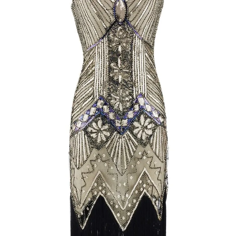 French Style Retro Sequined Beaded Fringed Party Vintage Banquet Party Temperament Slim Fit V-neck Sleeveless Long Dress