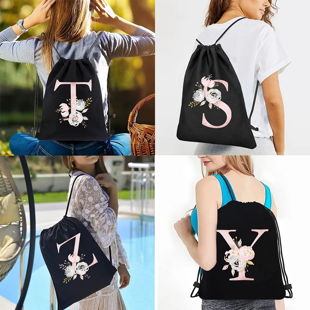 Sports Bag Canvas Drawstring Backpack Double Shoulder Bags 3 Women Travel Pink Flower Print Organizer Portable Knapsack Men 2024