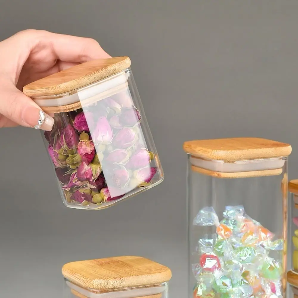 Glass Sealed Jar with Bamboo Lid Spice Jars Transparent Split Bottle Storage Tank Snack Candy Storage Jar